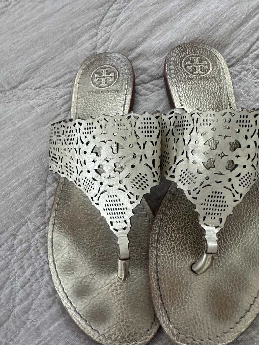 Tory Burch Metallic Gold Laser-Cut Thong Sandals